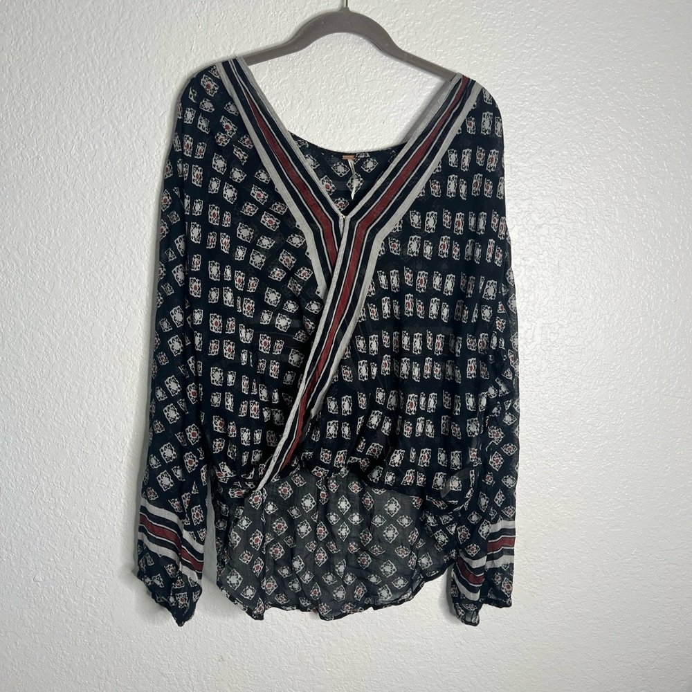 Free People Boho Black, Cream and Burnt Orange Long Sleeve Bouse Medium